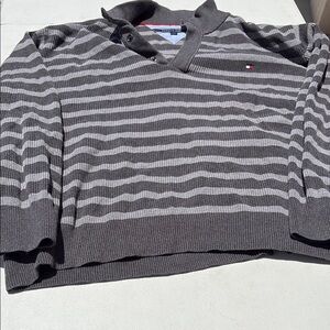 Tommy Hilfiger Gray V-Neck Sweater with Stripes